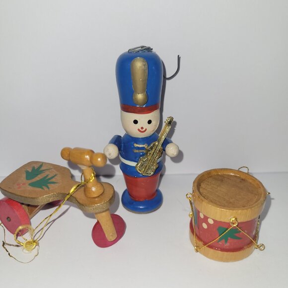 Vintage Wooden Ornament Set of 3 * Soldier Ornament * Drum Ornament * Tricycle - Picture 2 of 2